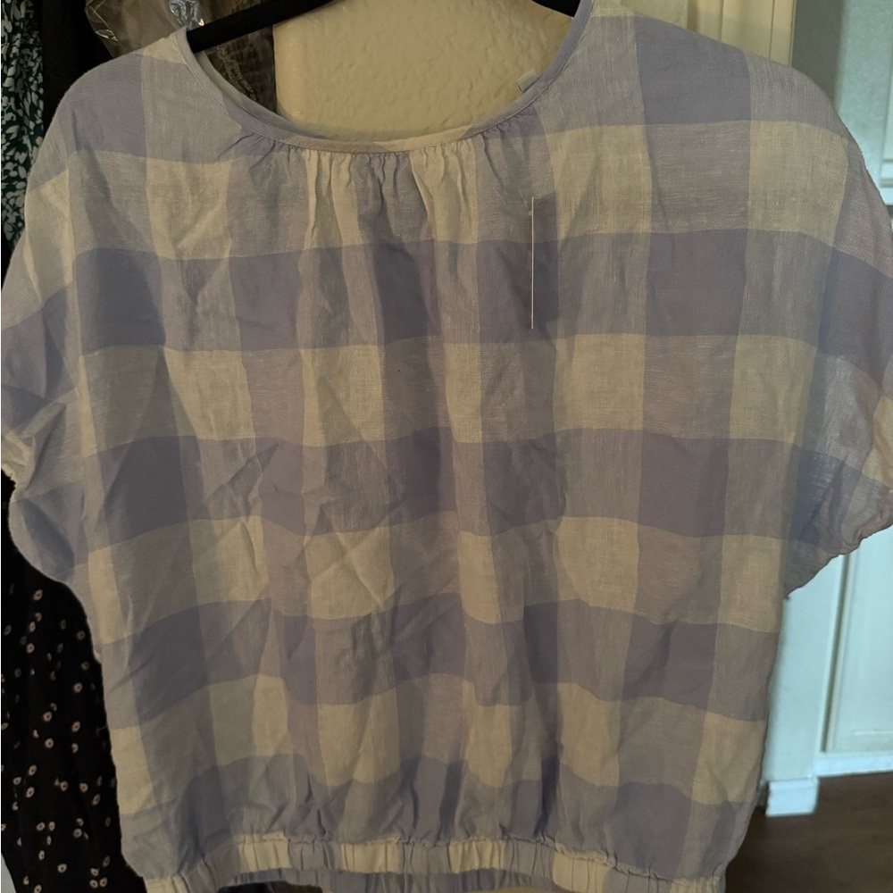 Linen-Blend Michele Bubble Top in Gingham Check